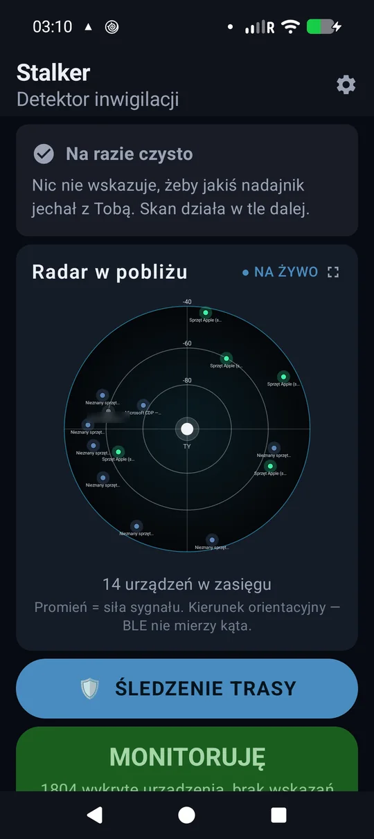 Ekran główny aplikacji Stalker — komunikat „Na razie czysto” i radar pokazujący 14 urządzeń w pobliżu