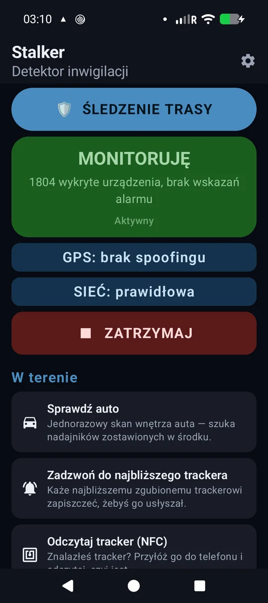 Status monitorowania i kafelki sekcji W terenie