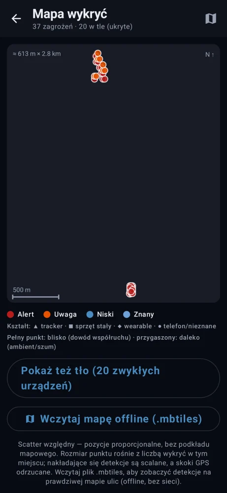 Mapa wykryć z zaznaczonymi zagrożeniami