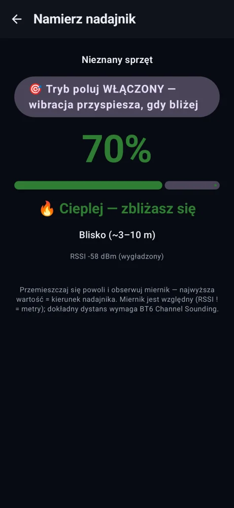 Ekran namierzania nadajnika w trybie ciepło-zimno